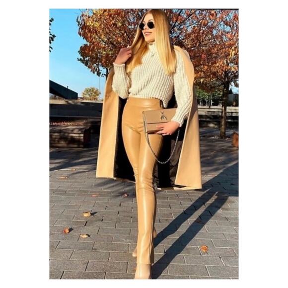 Zara Pants - ZARA Faux Leather High Waist Slit Back Skinny Pants XS Tan‎